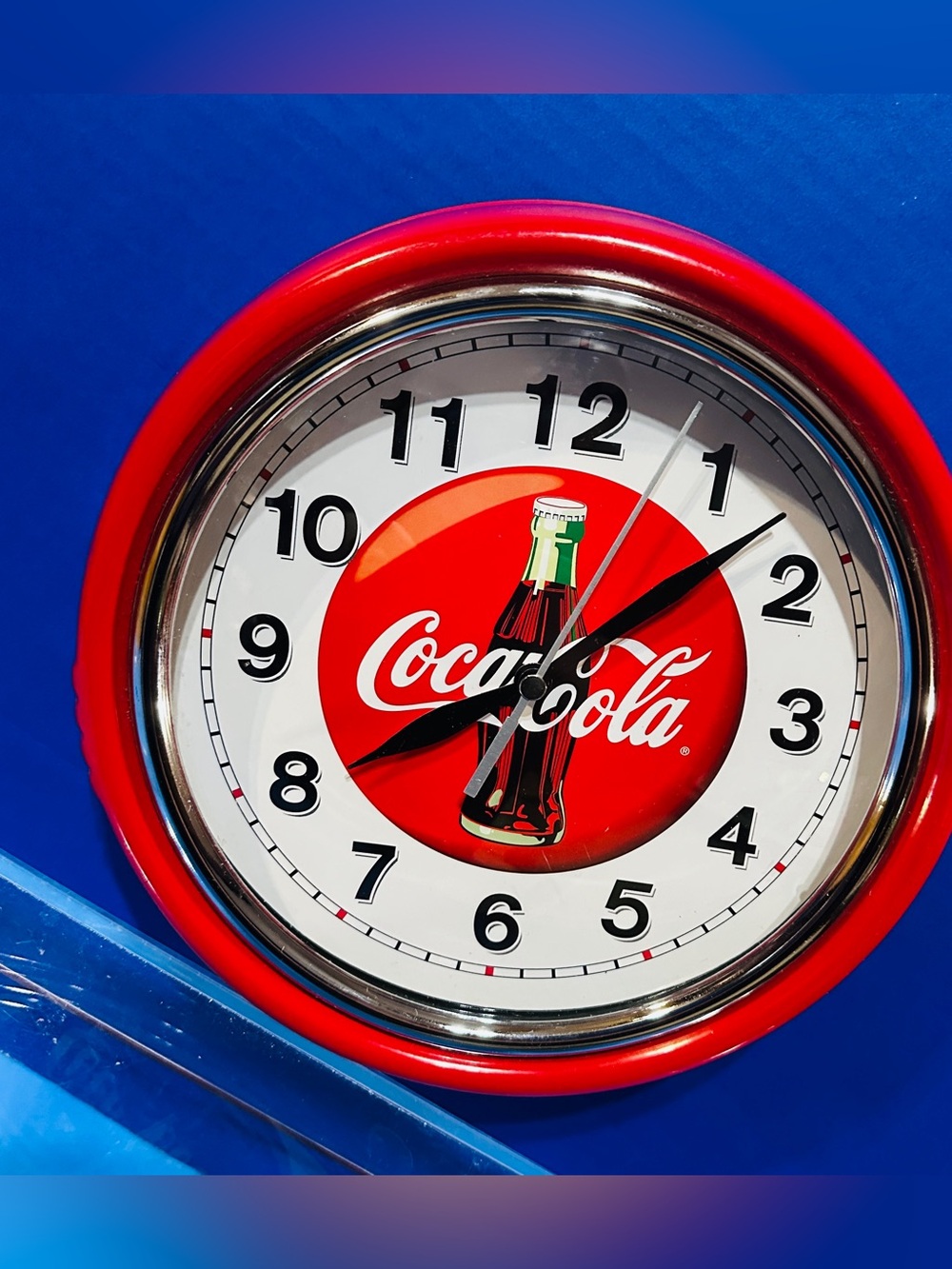 Coca Cola  Red Wall Clock Retro Diner Style Metal Case Glass Lens Bottle Logo 9”